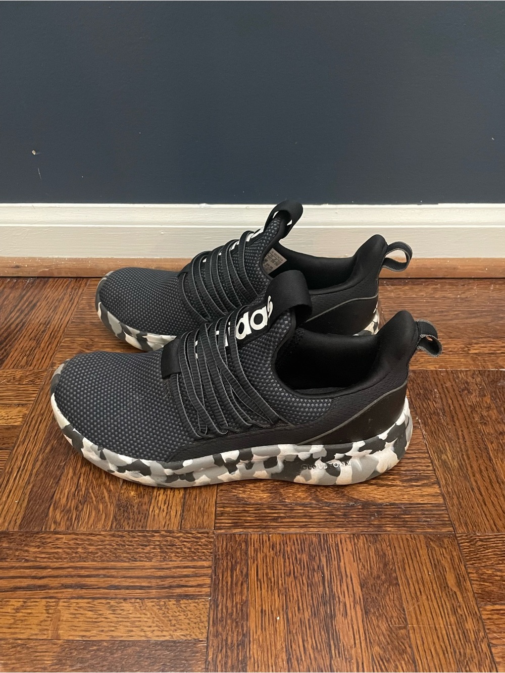 Kids Black Adidas Sneakers with Camo Sole